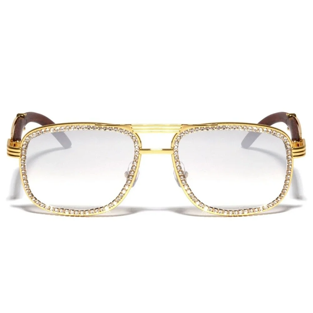 Rhinestone Sunglasses Gold Frame Wood Arms Hip Hop Fashion Men Bling Street Wear